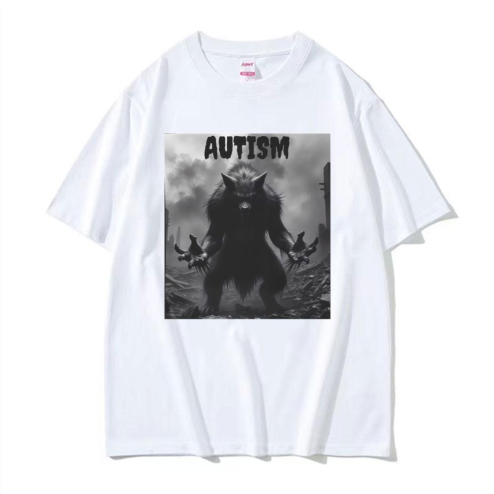 Funny Autism Wolf Meme Retro 90s Tshirt Mens Women Fashion Summer Humor Short Sleeve T Shirt Oversized Casual Cotton T Shirts
