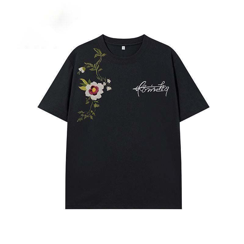 American Street Style Floral Wreath Embroidered Short Sleeve T-Shirt for Men and Women Summer Loose Heavyweight Loose Trendy Brand Half Sleeve