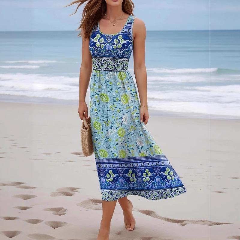 Printed dress seaside beach sleeveless vest long dress women's clothing