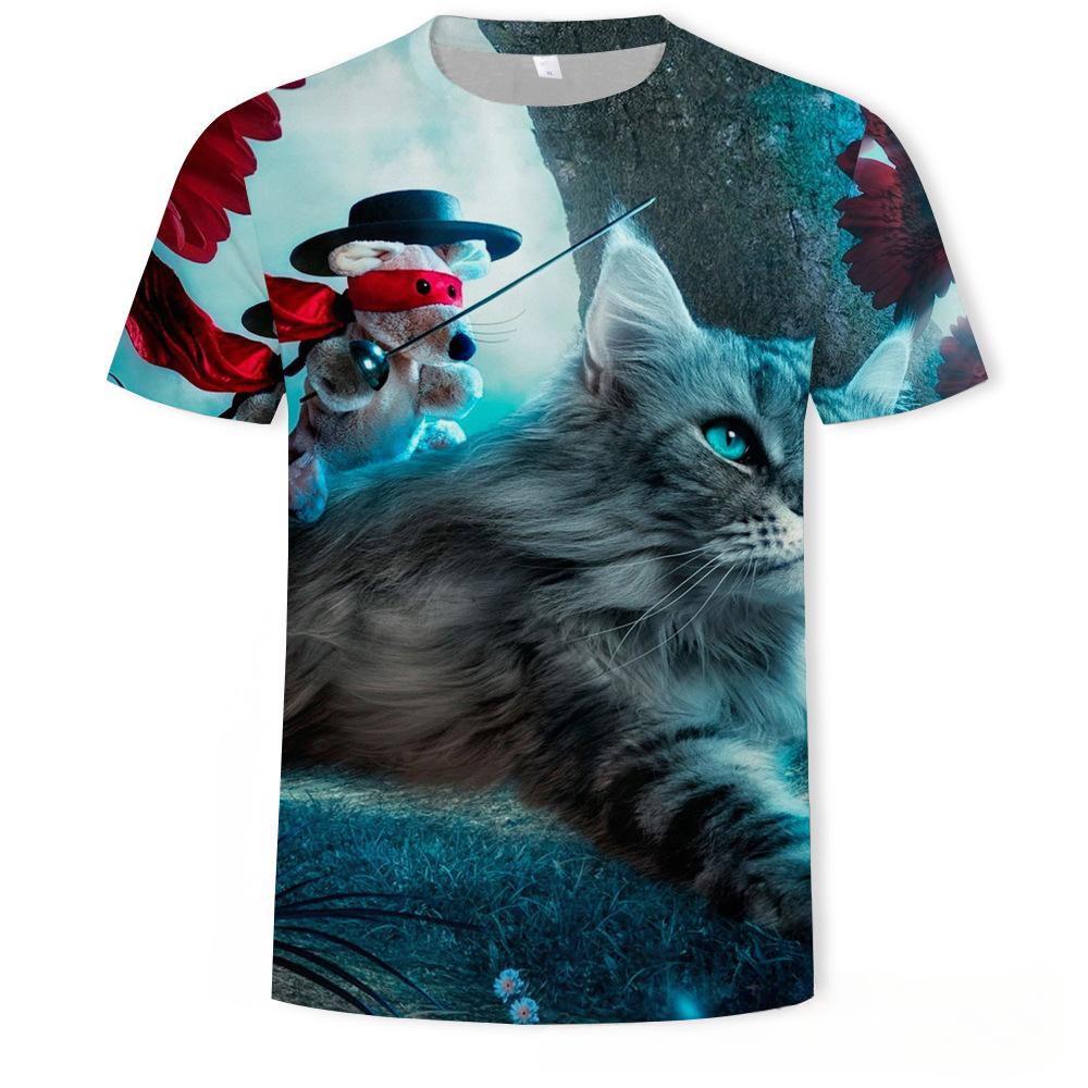 Summer Round Neck 3D Cute Cat Print Top Fashionable Casual Short Sleeved Men's T-shirts
