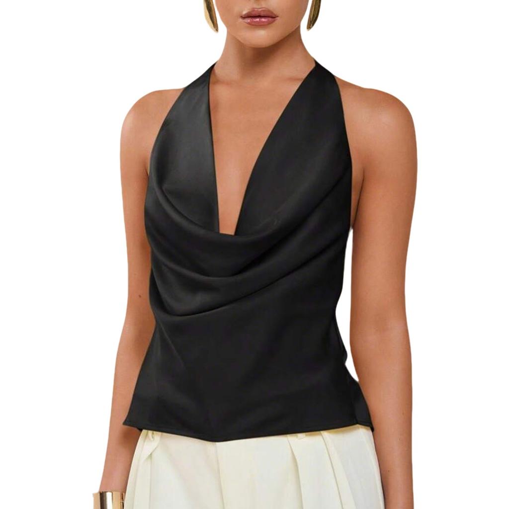 Women's Halter Neck Sleeveless Regular Fit Solid Color Satin Shirt Elegant Top