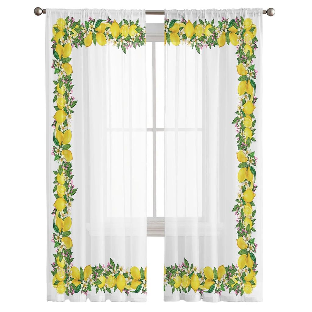 Cortinas transparentes de janela com frutas de verão e limão para sala de estar, cozinha, quarto infantil, cortina de voile suspensa