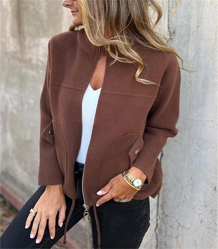 Women's Casual Woolen Tie-up Suit Jacket with Turn-down Collar and Faux Pockets - Autumn/Winter 2025 Collection