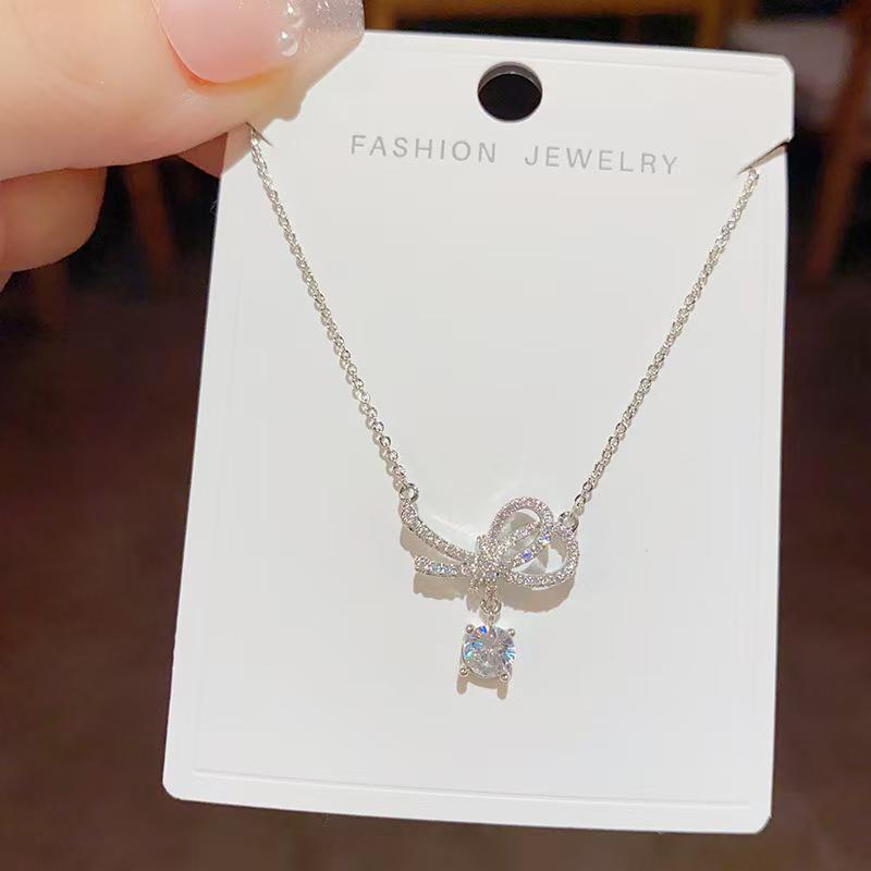 Trendy Sweet Bow Zircon Pendant Necklace for Women - Elegant Clavicle Chain