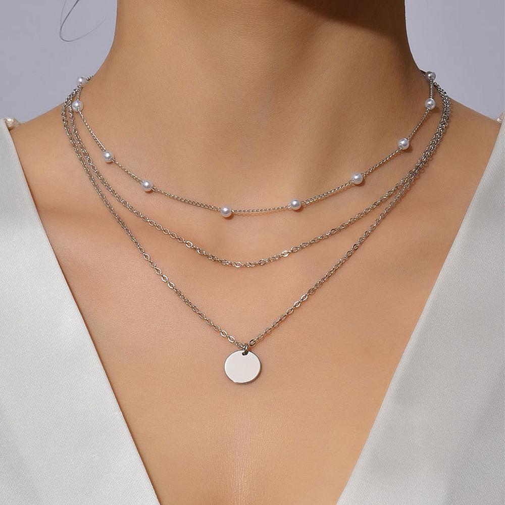Simple imitation pearl chain collarbone chain female, multi-layer fashionable metal disc pendant necklace