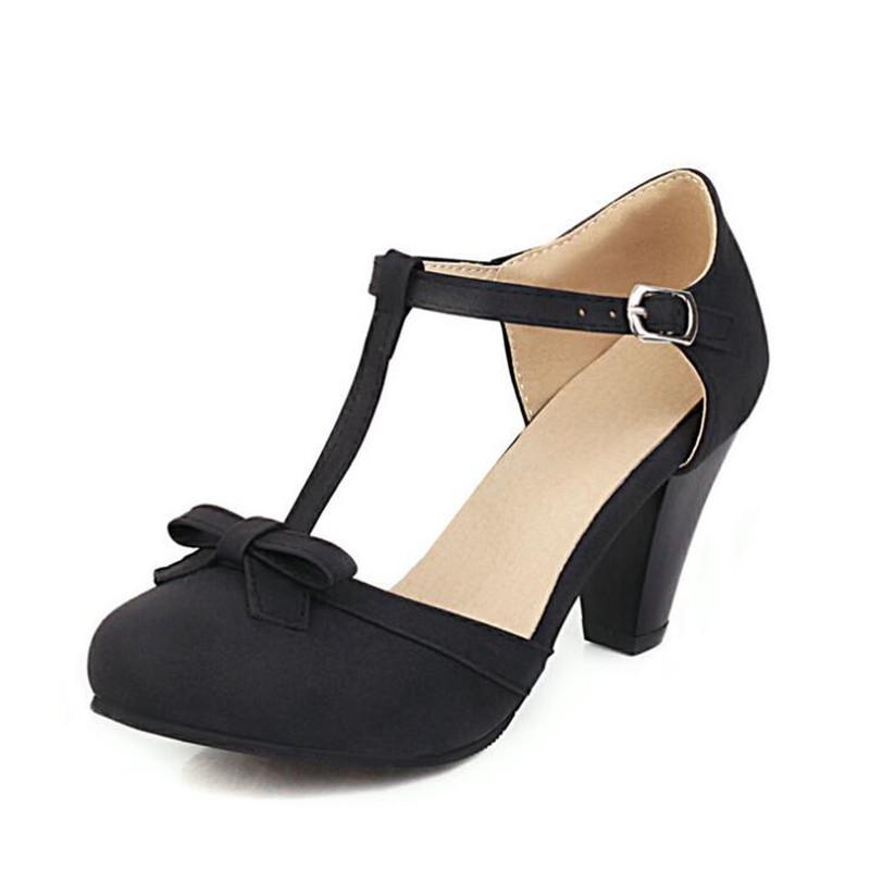 Duży Rozmiar 32-48 Damskie Czółenka typu T Wycinane Sandały Dziewczęce Wysokie Obcasy Kokardy Damskie Wysokie Obcasy Okrągły Nosek Buty na Imprezę Ślubne