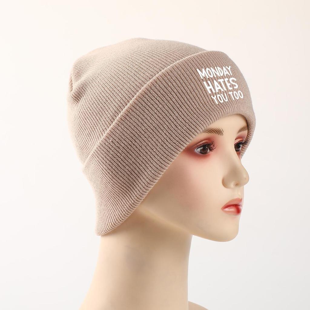 MONDAY HATES YOU TOO" Warm Knit Cap Beanie, White Text Man Cap Stretchy Candy Color Solid Color Gorro Knitted Hat Beanie