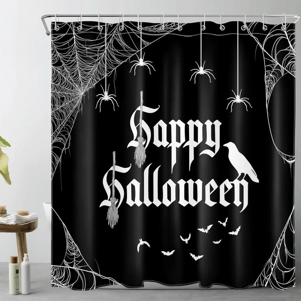 Skull Halloween Shower Curtain Scary Skull Flower Ghost Pumpkin Happy Bathroom Decoration Retro Shower Curtain