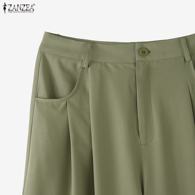 ZANZEA Women High Zip-up Waist Casual Casual Office Wide Leg Pants Trousers Nonelastic