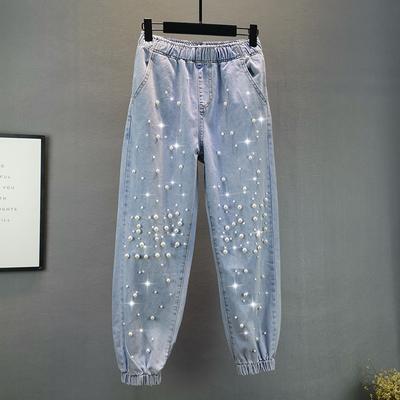 Jeans Woman Streetwear Fashion Denim Harem Pants Bottoms Elastic Waist Beading Casual Vintage Y2k Pantalon Femme