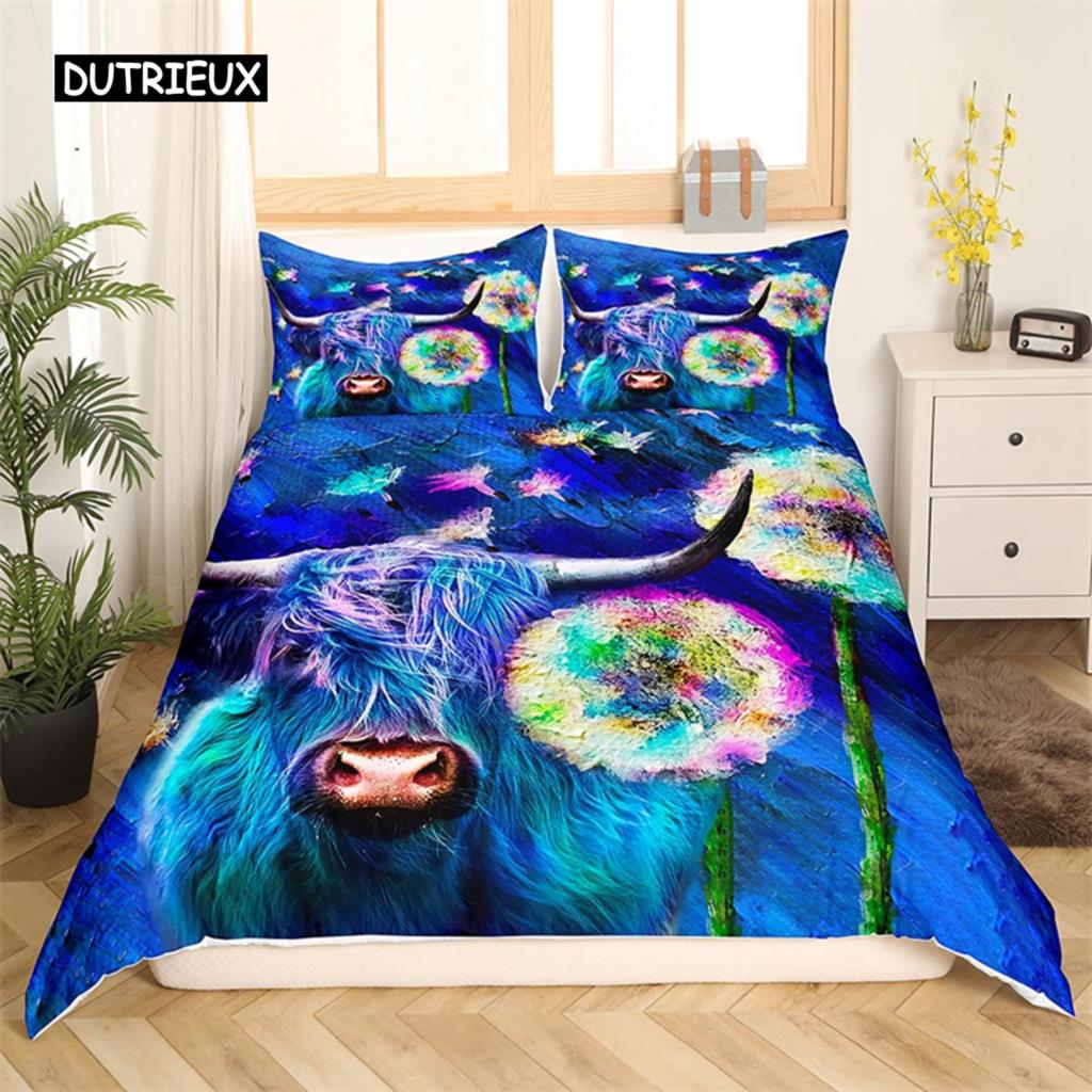 Bettbezug mit Highland-Kuh-Motiv, Western-Bettwäscheset mit Bauernhoftieren, King-Size-Bett, für Jungen und Mädchen, Mikrofaser, Blumenmuster, Bullen- und Rinder-Bettbezug