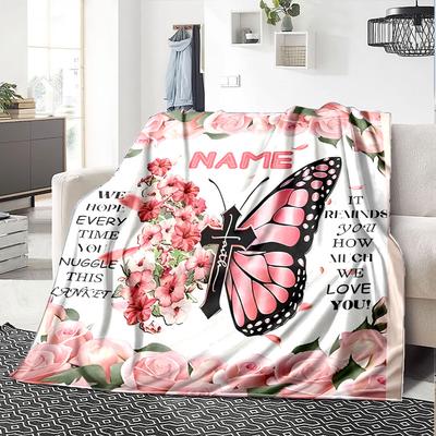 Butterfly Floral Blanket With Love Message And Cross Design Multipurpose Customizable Blanket Personalized Text Soft Warm Cozy Perfect For Sofa Couch