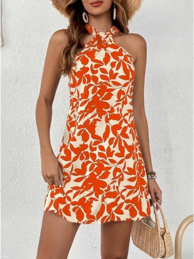 Halter Neck Flower Print Dress Lace Up Ruffle Edge Backless Dress Sleeveless Chiffon Dresses Causal Women Dress