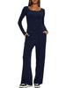 European & American Women's Solid Color Long-Sleeve Two-Piece Button Round Neck Pants Set