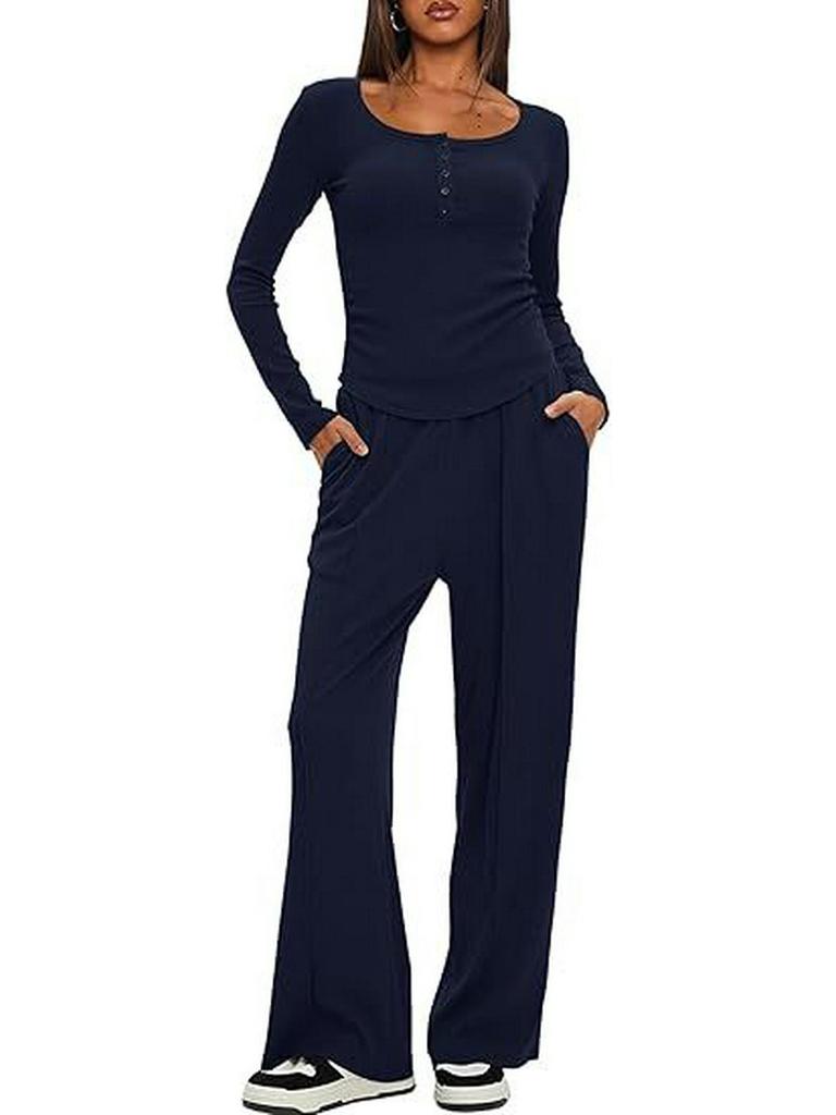 European & American Women's Solid Color Long-Sleeve Two-Piece Button Round Neck Pants Set