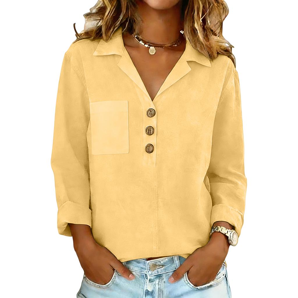 Women's Color Button Pocket Lapel Loose Cotton And Linen Shirt Top