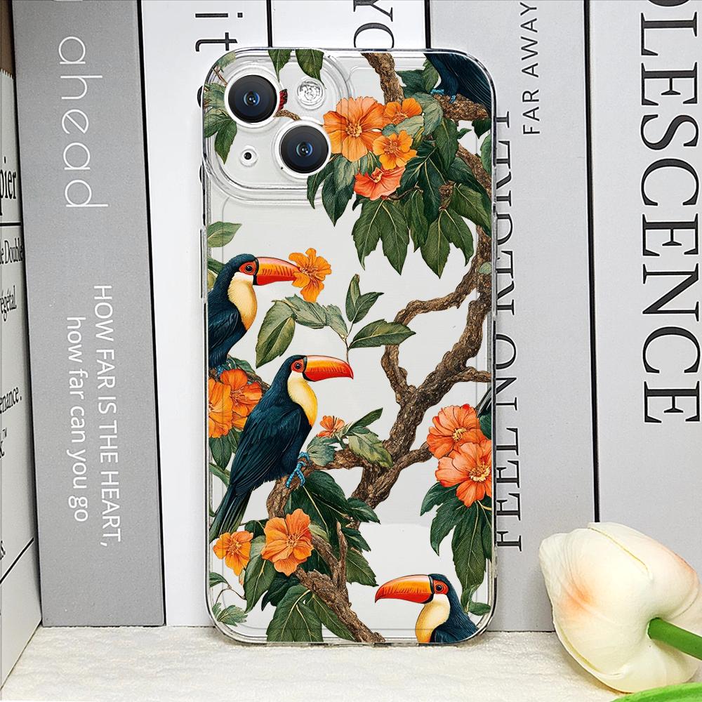 Cartoon Monstera Leaves Palm Tree Flowers Bird Phone Case for iPhone 17 16 15 14 11 12 13 Pro Max Mini 7 Plus X XS XR Soft Cover