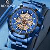 BINBOND Men's Quartz Watches Top Brand Luxury Stainless Steel Waterproof Hollow Out Blue Big Male Wristwatches Relogio Masculino