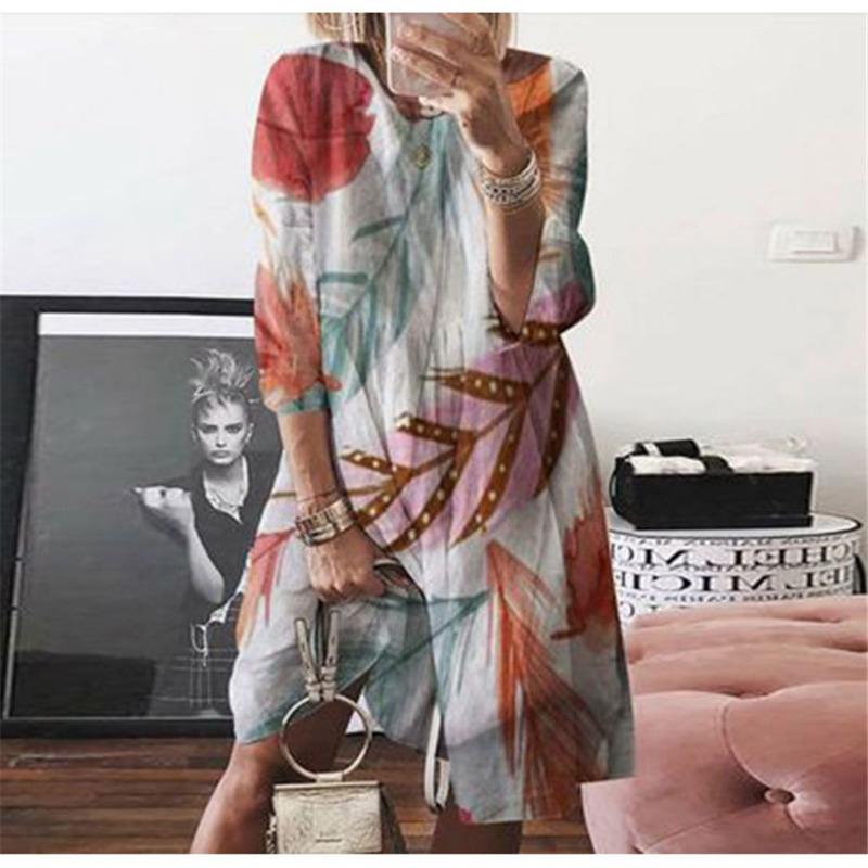 Large Size Women's Autumn Digital Printed Round Neck Long Sleeved Dress
