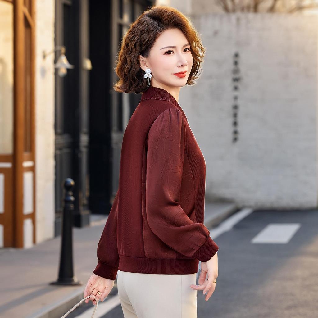 Stylish 2026 Spring Top for Middle-Aged & Elderly Women: Long-Sleeved, Slim-Fit Apparel