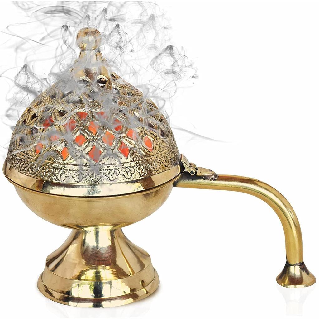 Brass Dhuna Loban Burner, Round Dhooni Dhoop Dani Incense Burner,Table-Top Brass Incense Holder for Loban, Elegant and Traditional Dhoop Dani