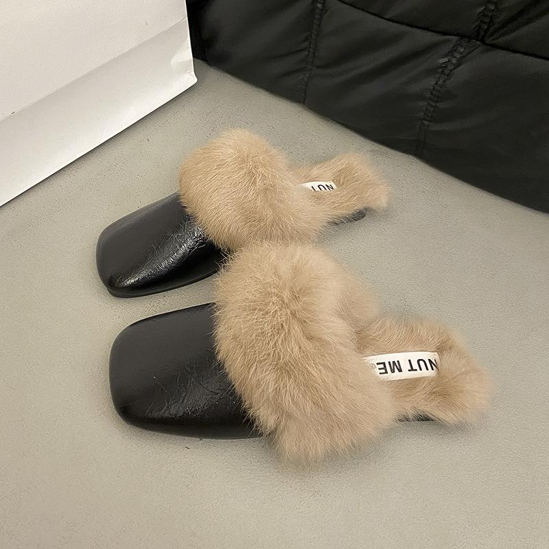 French Beautiful Bag Head Autumn and Winter Fluffy Slippers Velvet Women's 2025 Flat Bottom New Muller Lazy Explosion Out