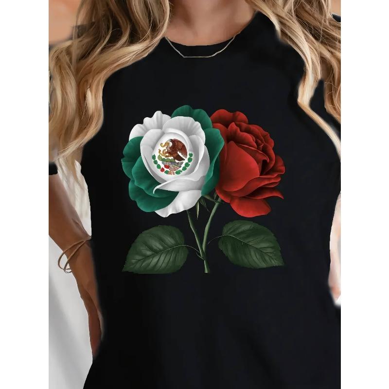 

European sizes Women S Valentine S Day Roses Print T-Shirt, Casual Crew Neck Short Sleeve Top Floral Pattern Spring/Summer Clothing 4XL чорний