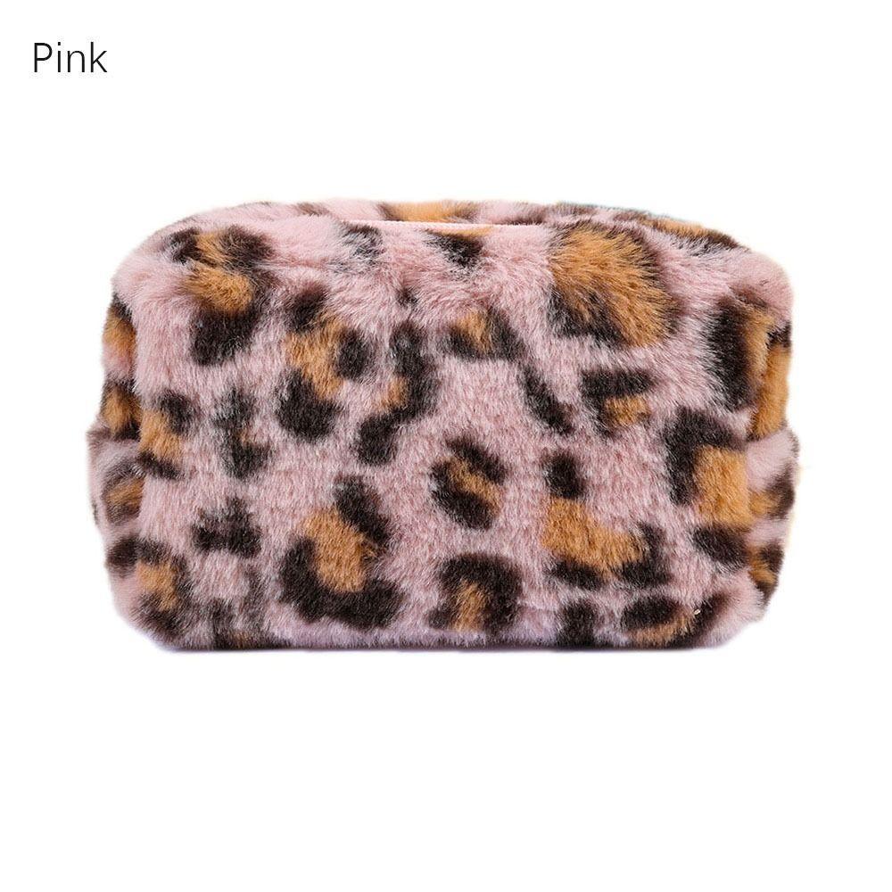 Large Capacity Leopard Print Plush Makeup Bag Cosmetic Storage Bag Zipper Toiletry Bag Wash Pouch Travel Organizer