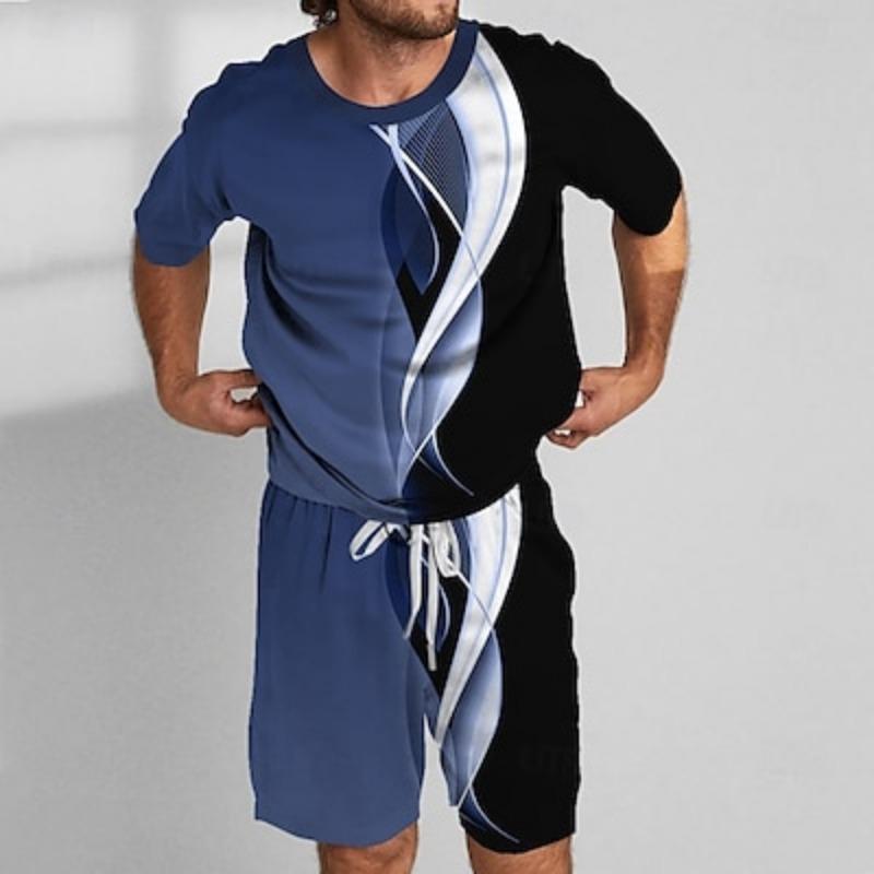 Herren Sommer Geometrische Linie 2-teilige T-Shirt Sets Sommer Ärmel Kurze Hosen Rundhals Sportlich Lässig Outdoor Urlaub Sport 3D-Druck