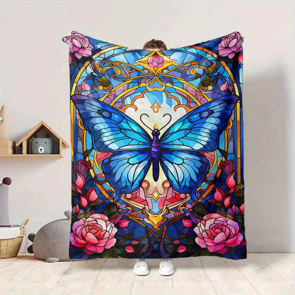 1pc Butterfly StainedGlass Lightweight Flannel Blanket, Comfortable and Warm Blanket, for Office and Camping Sofa Bed, Livingroom171