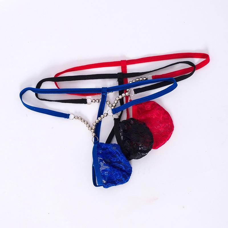 Special for erotic underwear, sexy men's thongs, low-rise hollowed-out lace, see-through pocket, erotic underwear