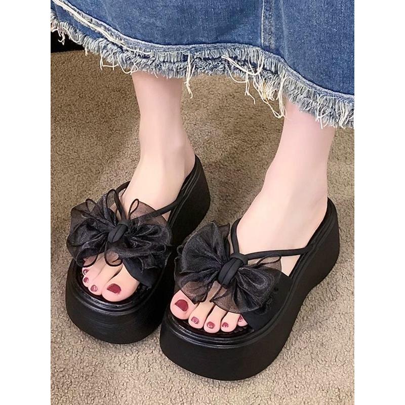 Summer sweet fashion with skirt one-word slippers new go out niche bow platform sandals women