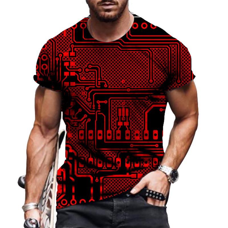 Summer Round Neck 3D Circuit Board Print T-shirts Fashionable Casual Short Sleeved Men's T-shirts