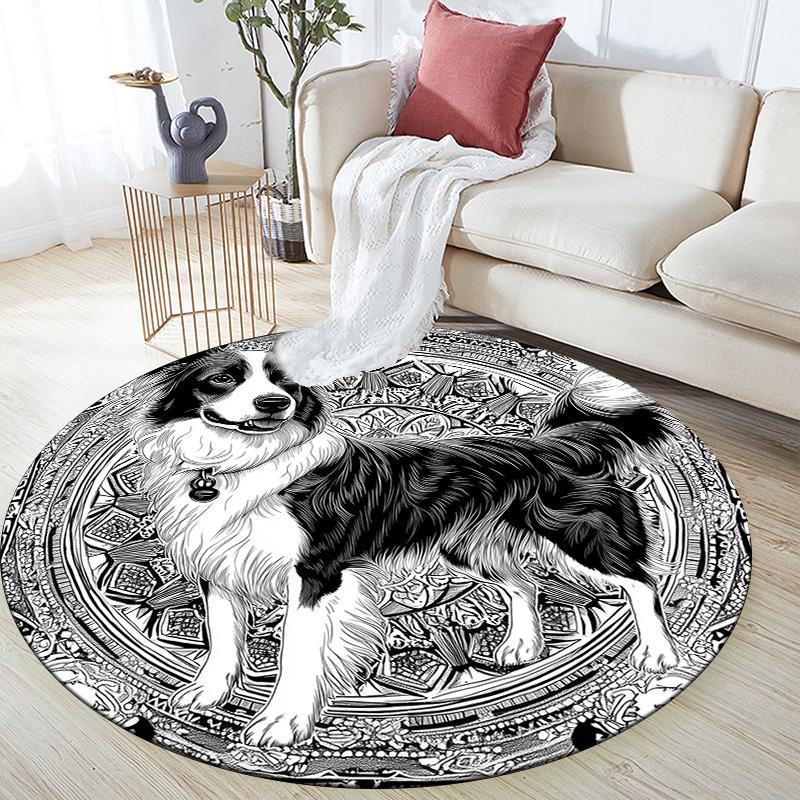 

Black and White Dog,Round Area Rug,Carpet Rug for Living Room Bedroom Sofa Playroom Decor,Non-slip Floor Mat 80cmx80cm