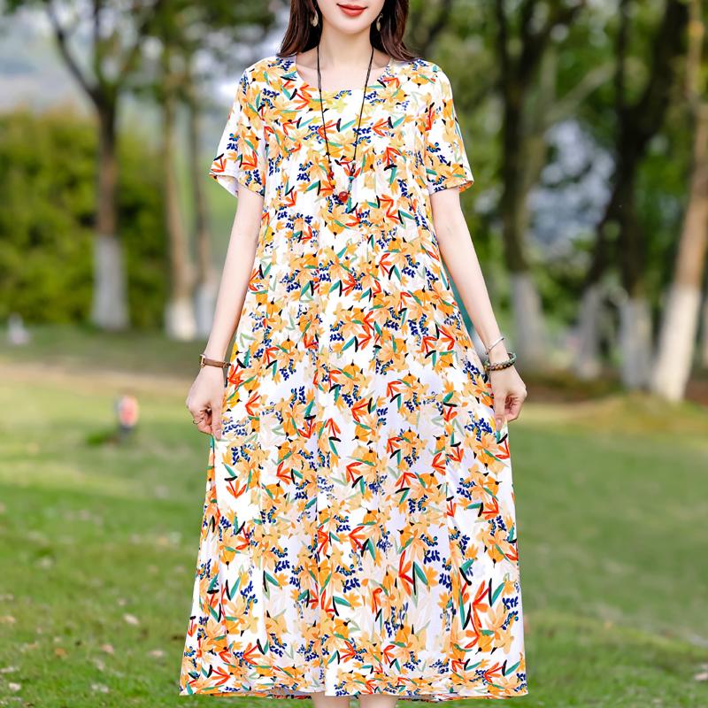 Plus Size Elegant Women's Summer Dress Vintage Clothes Short Sleeve Loose Long Dresses
