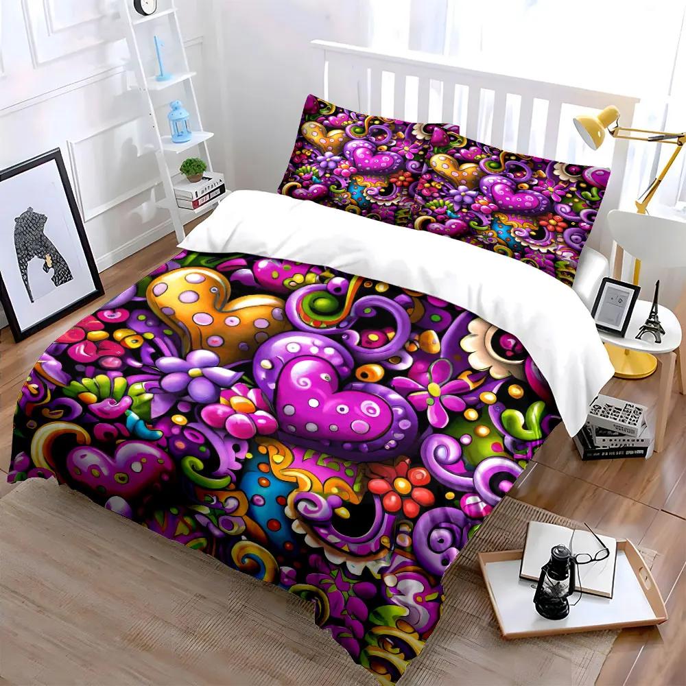 Colorful Heart Pattern Decoration Set Soft Comfortable Duvet Cover Bedding Set Included 1*Duvet Cover & 2*Pillowcases Gift