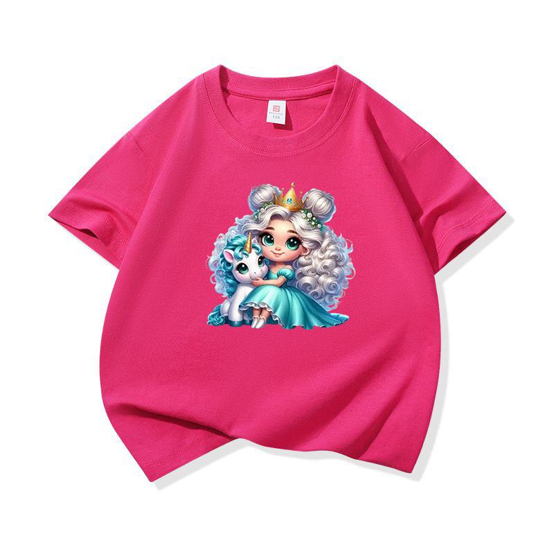 Kids Cotton T Shirt Princess Girl With Blue Unicorn Print Crew Neck Short Sleeve Tee Casual Boys Girls Summer Tops