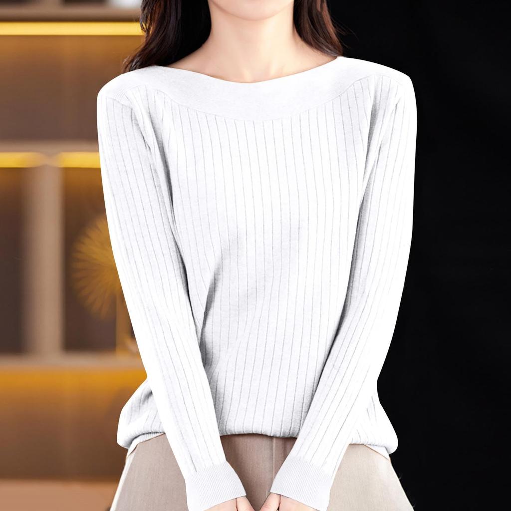 Women's Casual Round Neck Knitted Long Sleeve Undershirt One-Shoulder Sweater
