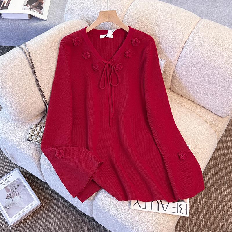 

Plus-size Women s Autumn-winter New Year s Day Christmas Three-dimensional Flower Knitted Base Layer Sweater 6XL червоний