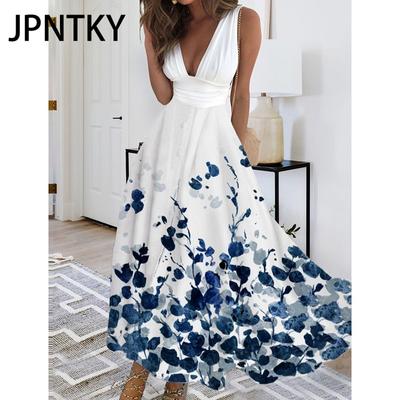JPNTKY Women's Fashion Summer Spring Floral Print Sleeveless V-Neck Casual Dresses