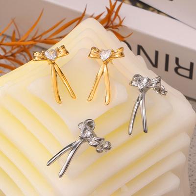 Vento Moda Personalità Temperamento Orecchini a Fiocco Versione Coreana Eleganti Acciaio al Titanio Placcato Oro 18k Zirconi Orecchini Donna