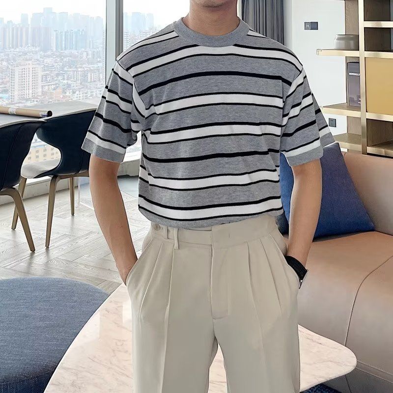 Korean Contrasting Colors T-shirts Summer Stylish Striped Round Neck Men's Casual Short Sleeve Basic Knitted Pullovers