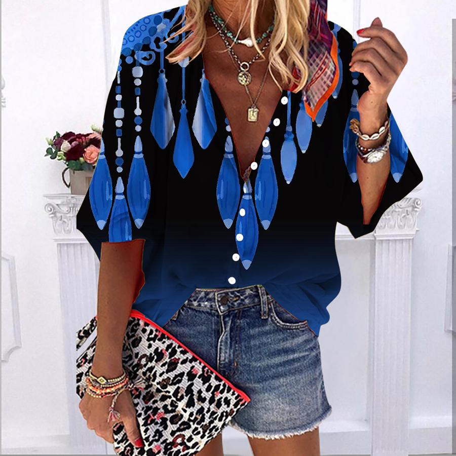 

2023 Лето Осень Новая мода Женские топы Фиолетовые перья с принтом Полурукав Повседневная рубашка больших размеров на пуговицах больших размеров с пузырчатыми рукавами