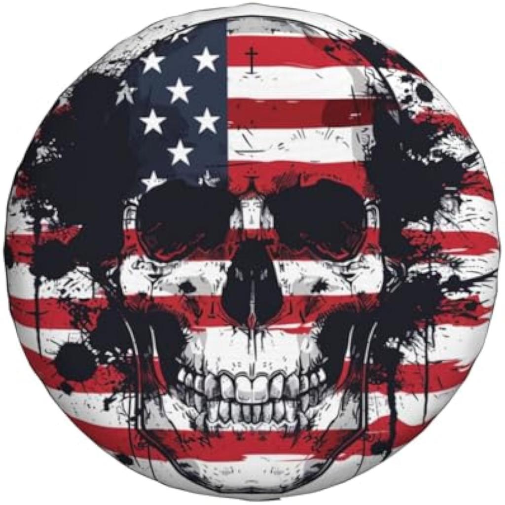 Distressed American Flag Skull Spare Tire Cover Polyester Weatherproof Wheel Protector for RV SUV Truck