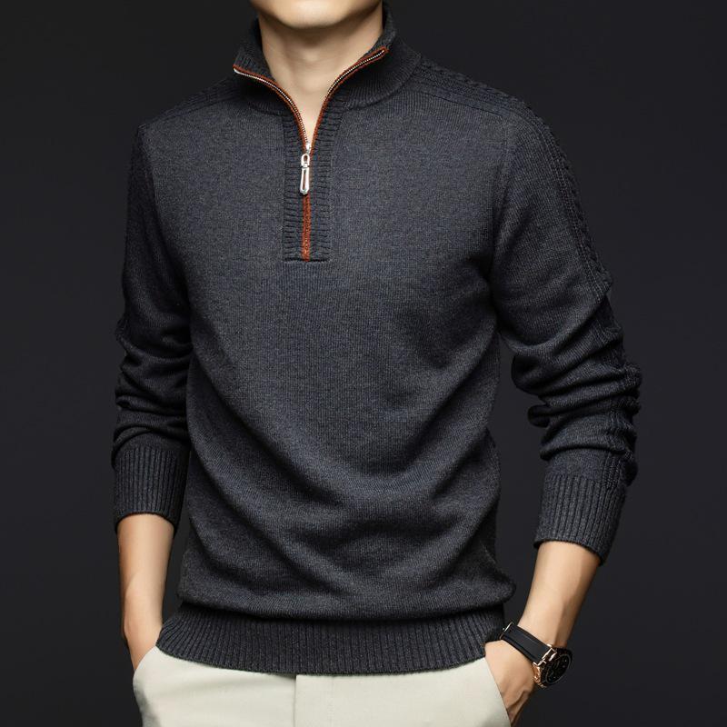 Men's Thick Warm Wool Sweater - Half-Zip, Stand Collar, Long Sleeve, Casual Knitwear