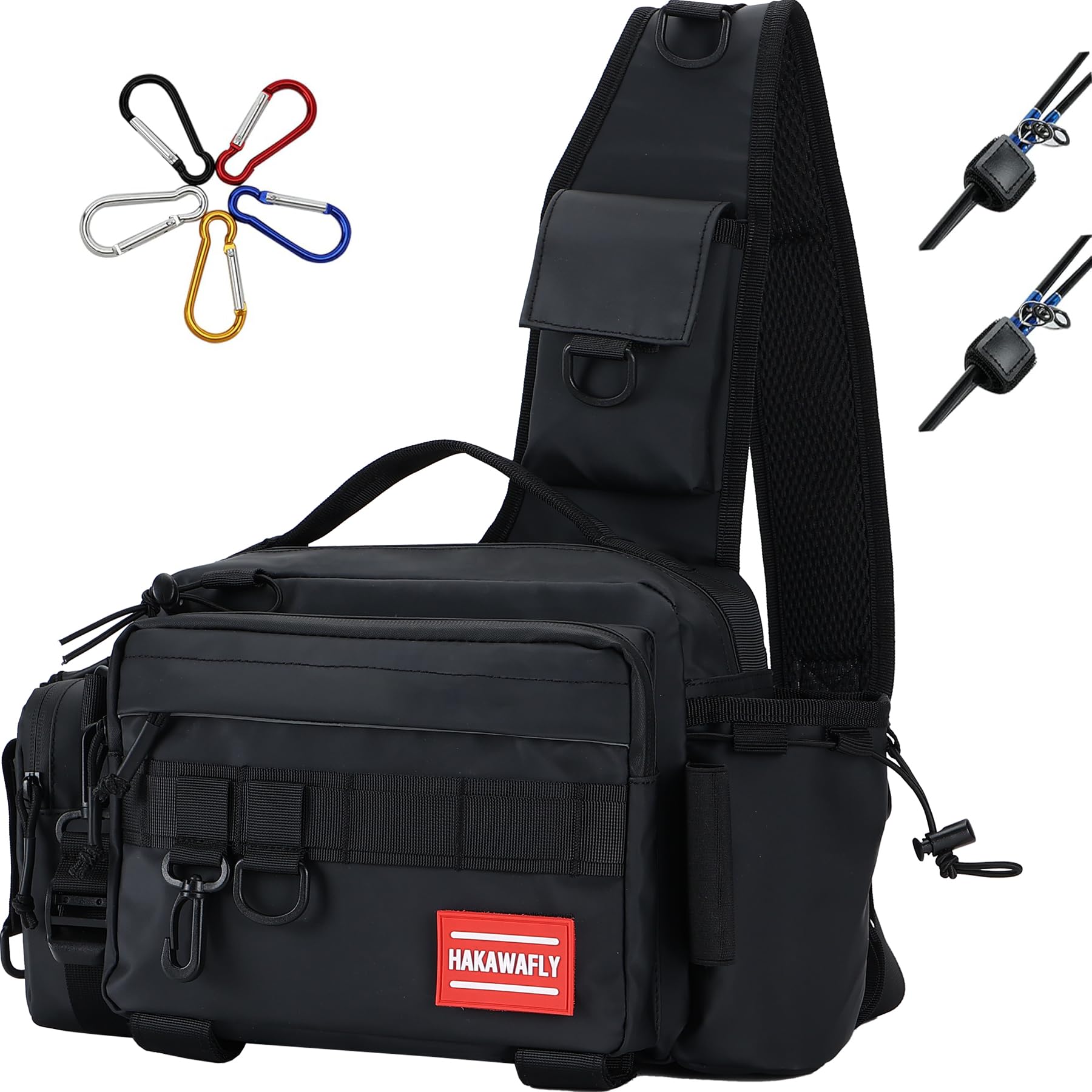 

HAKAWAFLY Fishing Bag with Two Rod Straps and Five Tackle Multifunctional Fishing Shoulder Large Run and Gun Bag Water-Repellent Carabiners, 5-Way