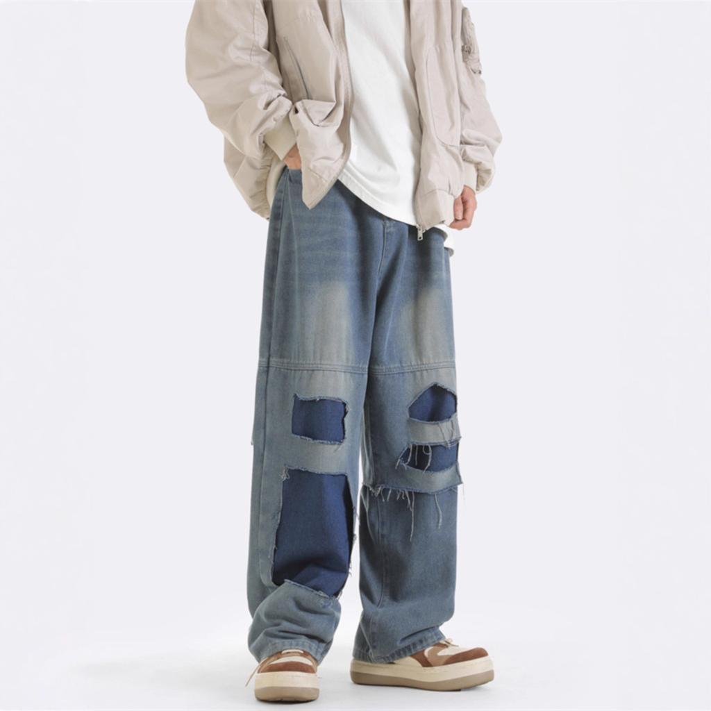 Ripped patch jeans men's retro trendy brand ruffian handsome American street hip hop loose drape wide leg dad pants tide