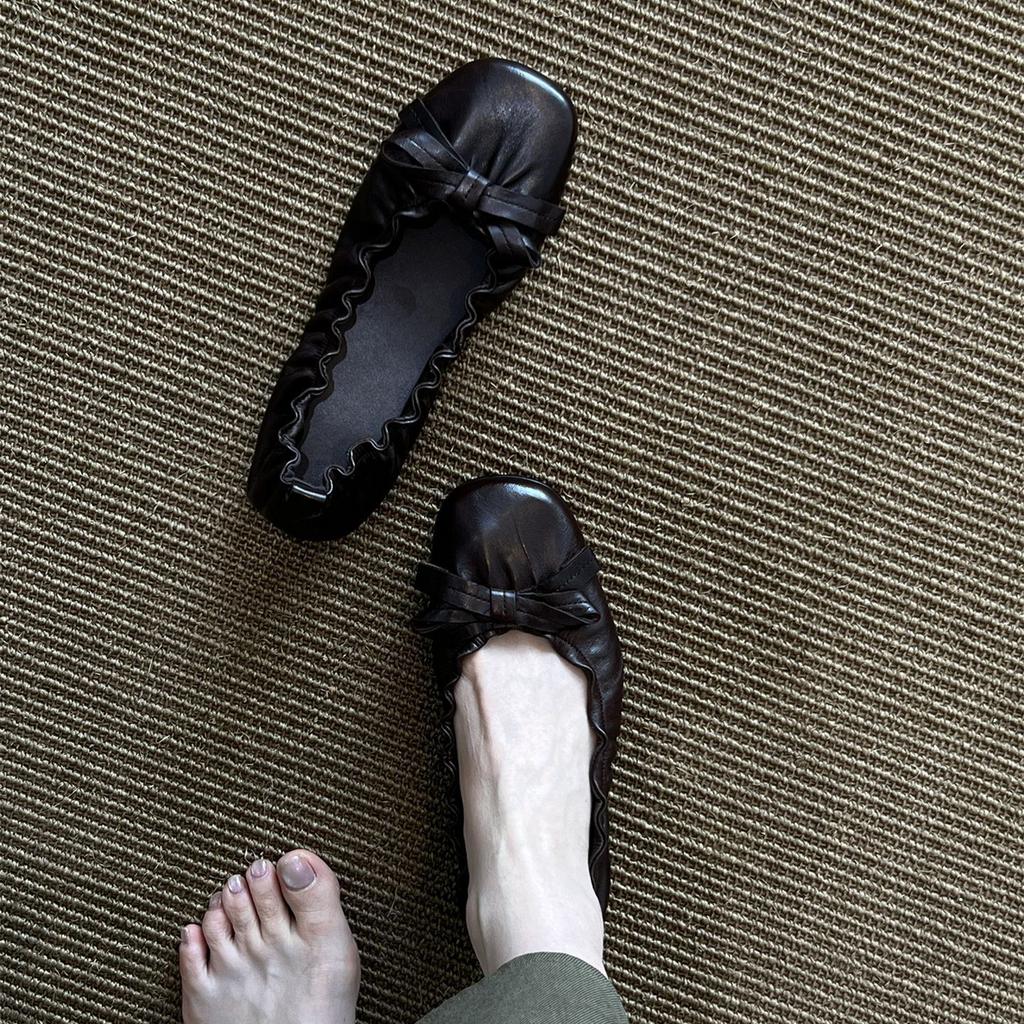 Sheepskin version~ 2025 new retro bow light mouth elastic mouth flat sole shoes women's round head ballet shoes