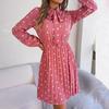 High Waist Women's Long Sleeve Dress Lace Up Pleated Dot Temperament Autumn Winter