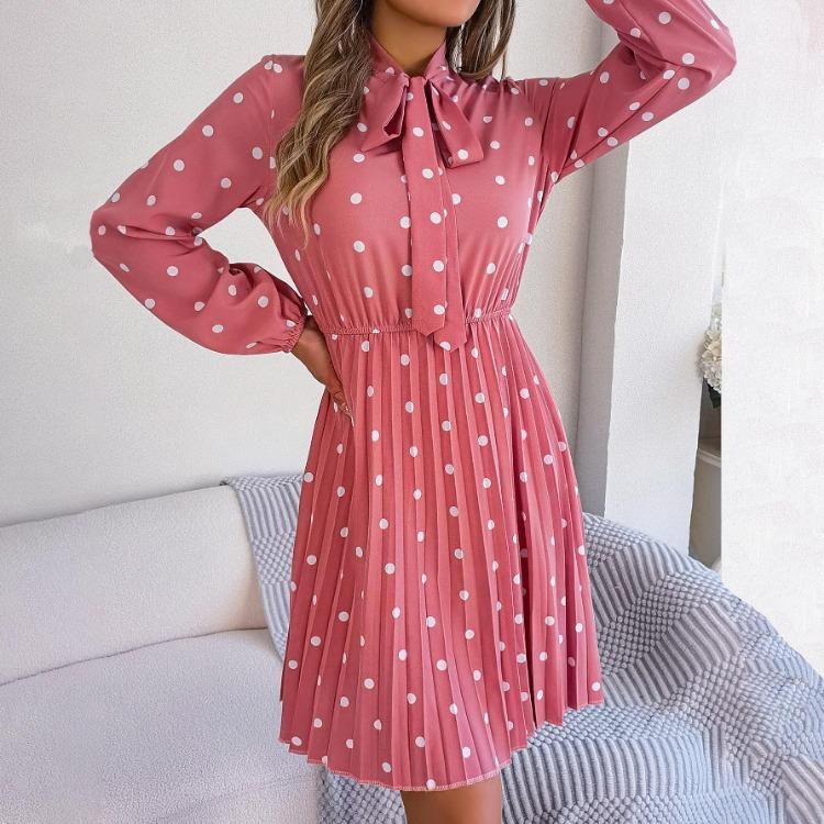 High Waist Women's Long Sleeve Dress Lace Up Pleated Dot Temperament Autumn Winter